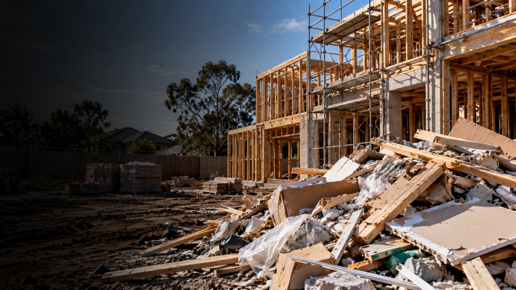 Construction framing site with rubbish removal pile